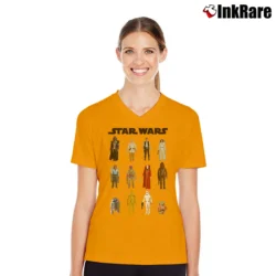 Women’s Star Wars Main Character Action Figure Stack V-Neck Tee in orange | Chic Neckline, Soft Texture