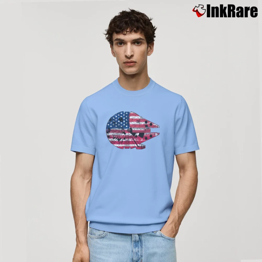 Men’s Star Wars Millennium Falcon Da Vinci Sketch USA Flag Classic T-Shirt in light blue | Soft, Breathable Everyday Wear
