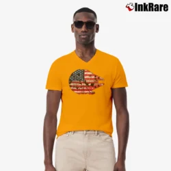 Men’s Star Wars Millennium Falcon Da Vinci Sketch USA Flag V-Neck Tee in orange | Sharp, Breathable, Everyday Staple
