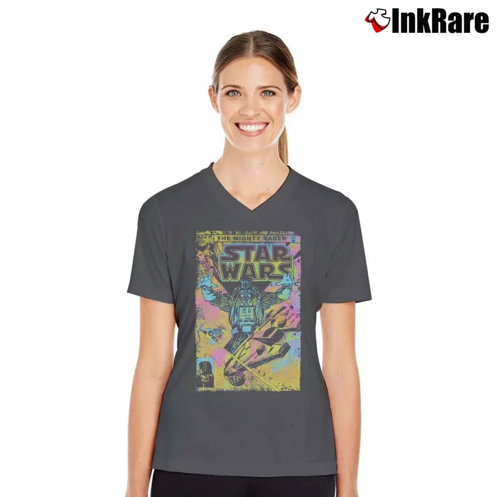 Women’s Star Wars Neon Graphic V-Neck Tee in charcoal | Chic Neckline, Soft Texture