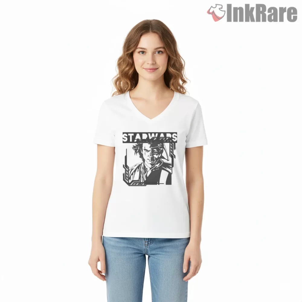 Star Wars Noir Graphic Portrait Shirt on white v-neck shirt for women graphic tee