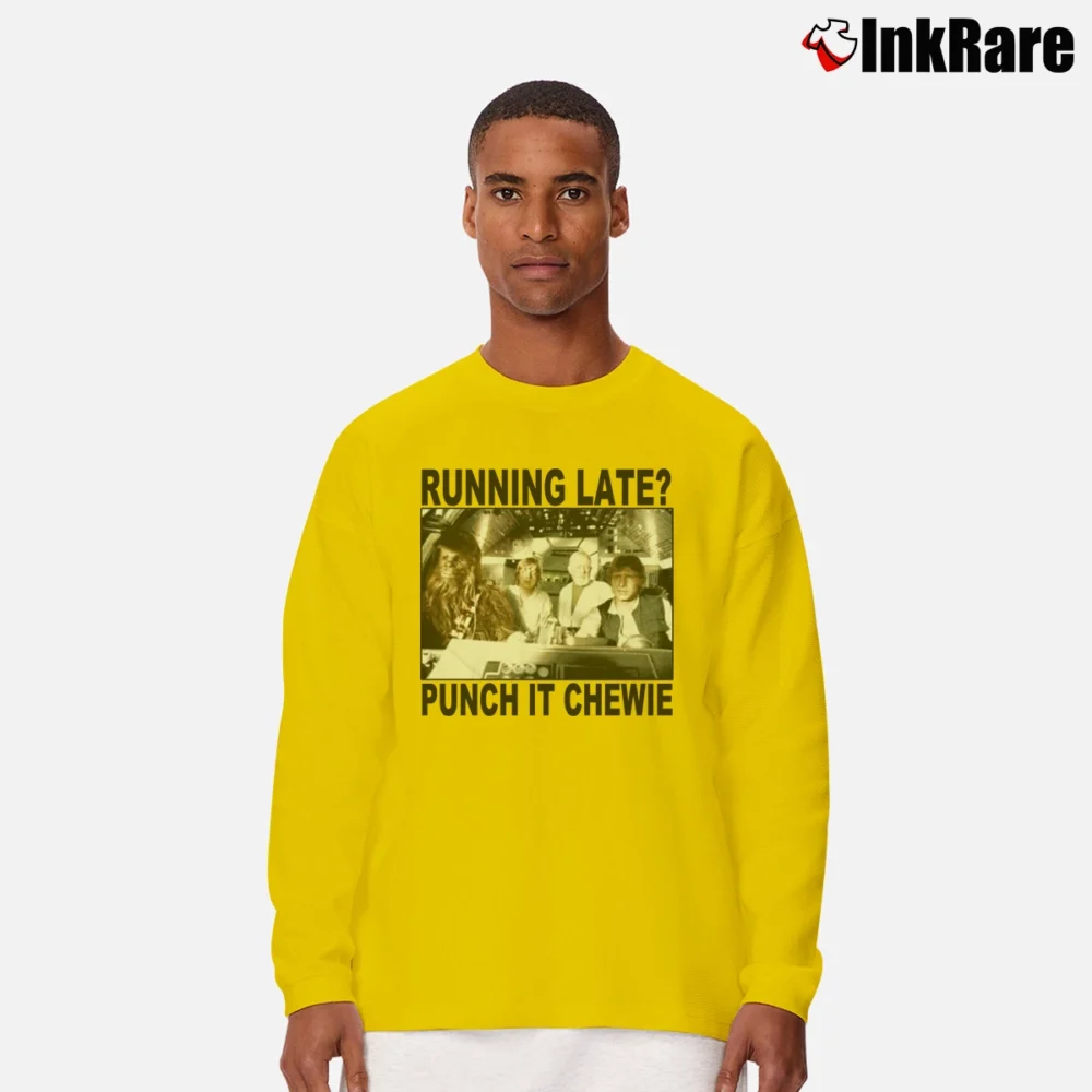 Men’s Star Wars Punch It Chewie Running Late Funny Long-Sleeve Shirt in yellow | Sleek, Lightweight, Year-Round Wear
