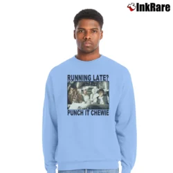 Men’s Star Wars Punch It Chewie Running Late Funny Crewneck Sweatshirt in light blue | Cozy Fabric, Clean Style