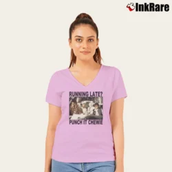 Women’s Star Wars Punch It Chewie Running Late Funny V-Neck Tee in light pink | Chic Neckline, Soft Texture