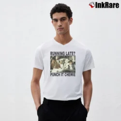 Men’s Star Wars Punch It Chewie Running Late Funny V-Neck Tee in white | Sharp, Breathable, Everyday Staple