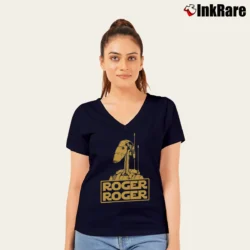 Women’s Star Wars Roger Roger Droid Inspired V-Neck Tee in navy | Chic Neckline, Soft Texture