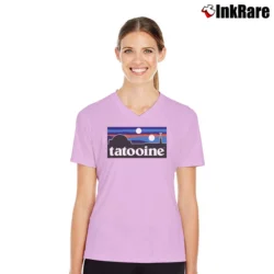 Women’s Star Wars Tatooine Patagonia Parody Sci Fi V-Neck Tee in light pink | Chic Neckline, Soft Texture