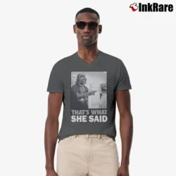 Men’s Star Wars That's What She Said Funny V-Neck Tee in charcoal | Sharp, Breathable, Everyday Staple