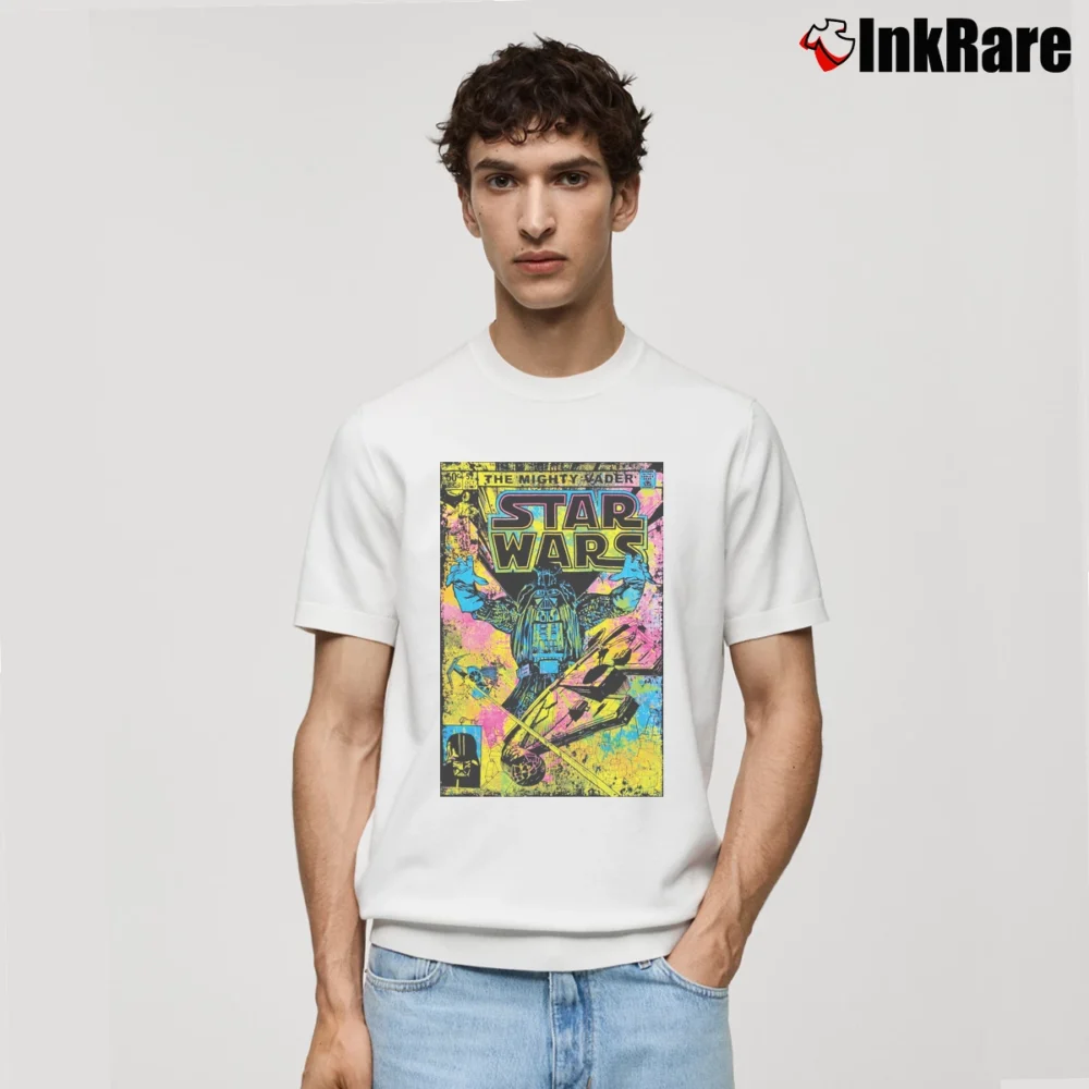 Men’s Star Wars The Mighty Vader Looming Black Graphic Classic T-Shirt in white | Soft, Breathable Everyday Wear