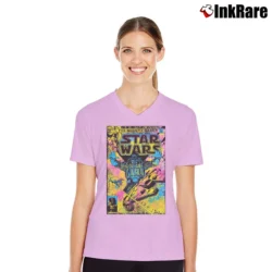 Women’s Star Wars The Mighty Vader Looming Black Graphic V-Neck Tee in light pink | Chic Neckline, Soft Texture