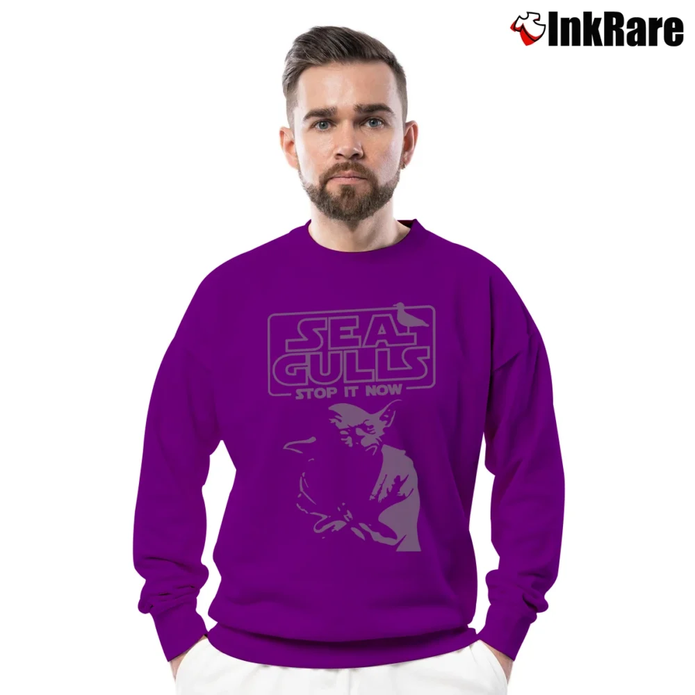 Men’s Star Wars Yoda Seagulls Stop It Now Funny Crewneck Sweatshirt in purple | Cozy Fabric, Clean Style