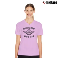 Women’s Star Wars Yoda Who Da Man Retro Graphic V-Neck Tee in light pink | Chic Neckline, Soft Texture