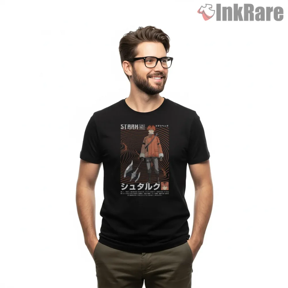 Stark Adventure Poster Line Art Fantasy Anime Shirt on black short sleeve shirt for men graphic tee