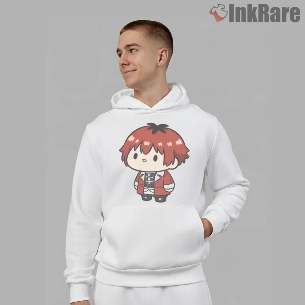 Stark Chibi Warrior Minimal Cute Anime Shirt on white hoodie for men graphic tee