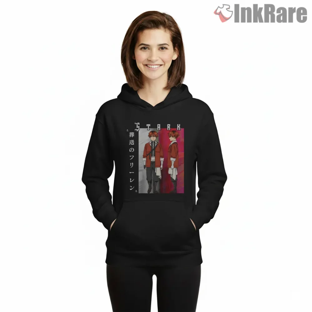 Stark Dual Pose Fantasy Warrior Anime Shirt on black hoodie for women graphic tee
