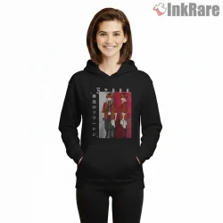 Stark Dual Pose Fantasy Warrior Anime Shirt on black hoodie for women graphic tee