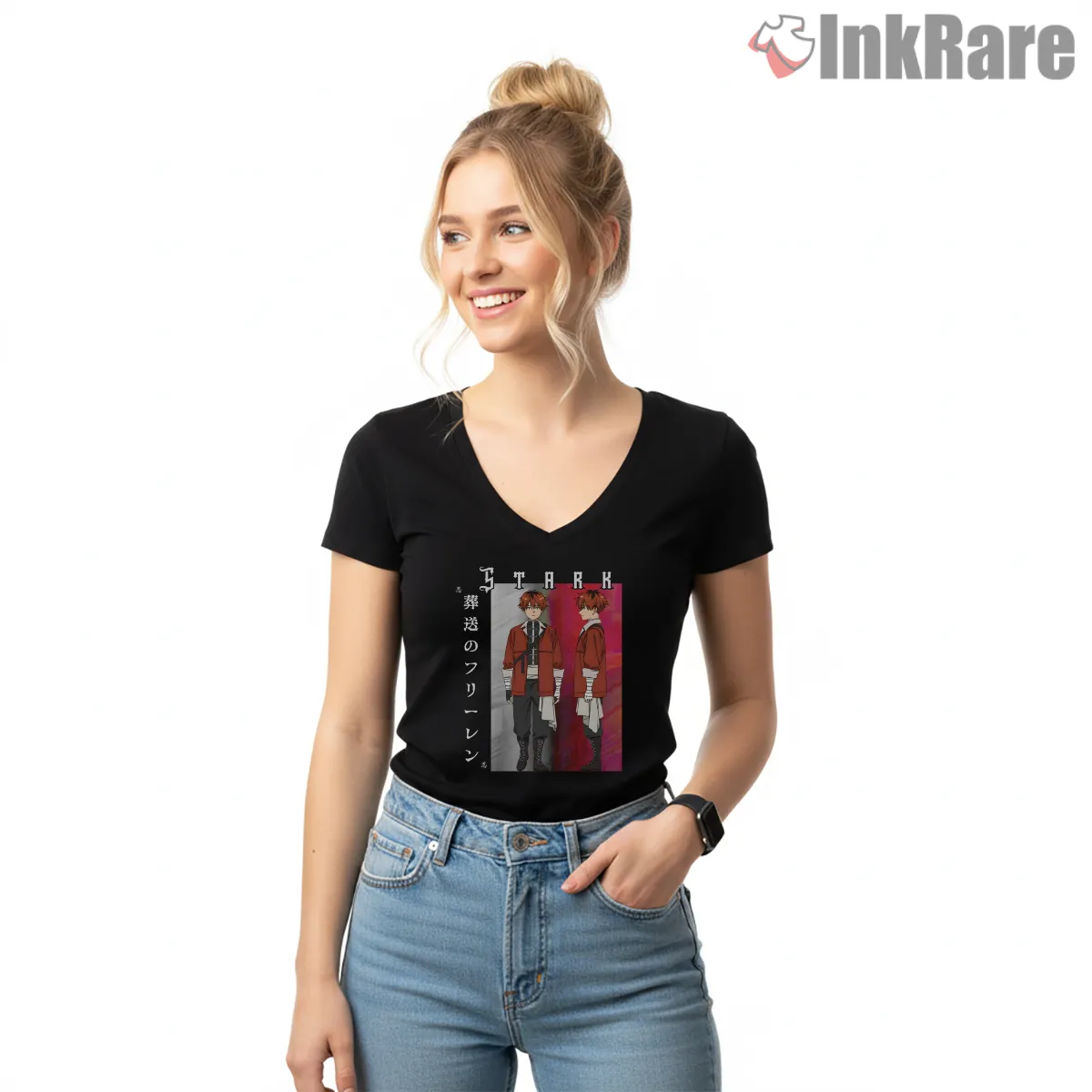 Stark Dual Pose Fantasy Warrior Anime Shirt on black v-neck shirt for women graphic tee