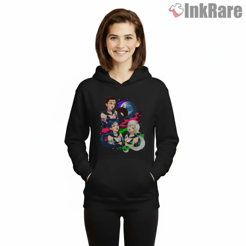 Starlight Trio Cosmic Harmony Shirt on black hoodie for women graphic tee