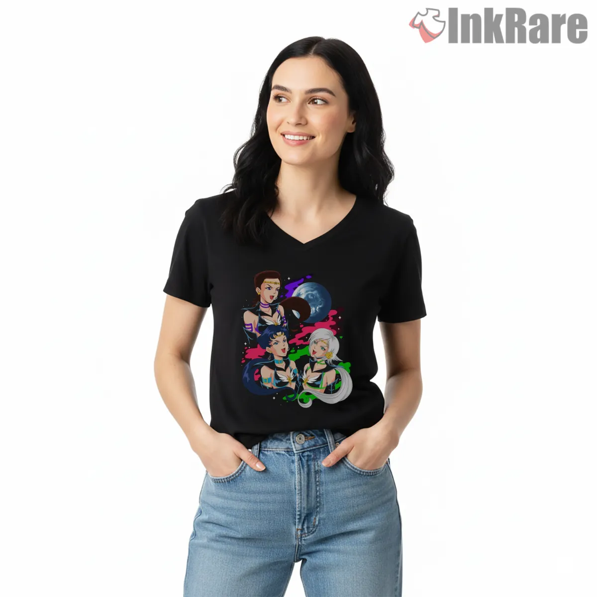 Starlight Trio Cosmic Harmony V Neck Black Starlight Trio Cosmic Harmony Shirt on black v-neck shirt for women graphic tee