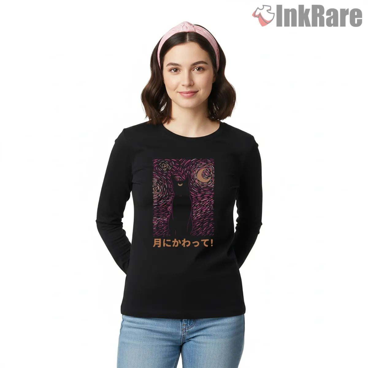 Starry Luna Night Sky Illustration Shirt on black long sleeve shirt for women graphic tee
