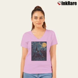 Women’s Starry School Artistic Print V-Neck Tee in light pink | Chic Neckline, Soft Texture