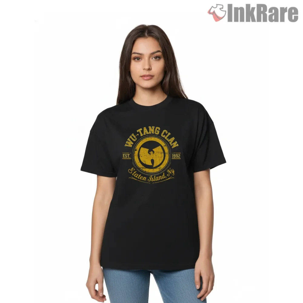 Staten Island 1992 Distressed Wu Tang Circle Shirt on black short sleeve shirt for women graphic tee