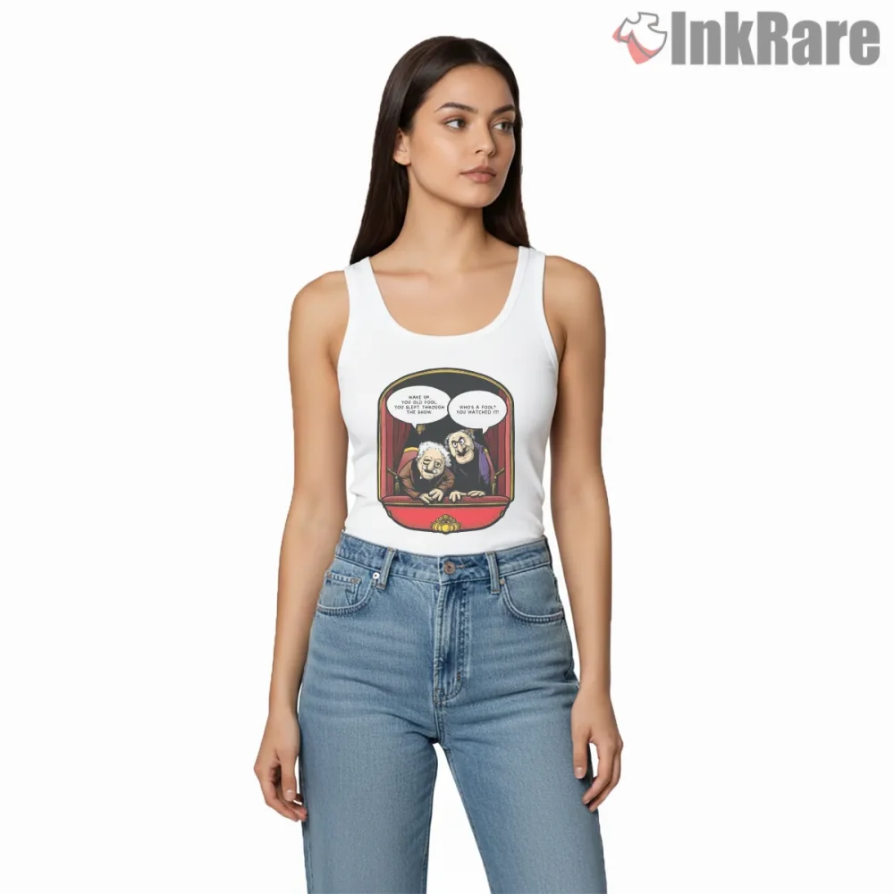 Statler And Waldorf Balcony Comedy Wake Up Scene Shirt on white tank top for women graphic tee