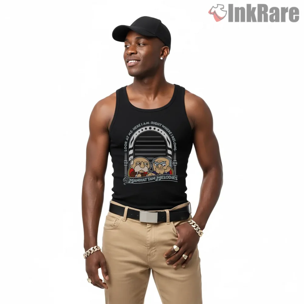 Statler And Waldorf Manhattan Melodies Vintage Theater Poster Shirt on black tank top for men graphic tee