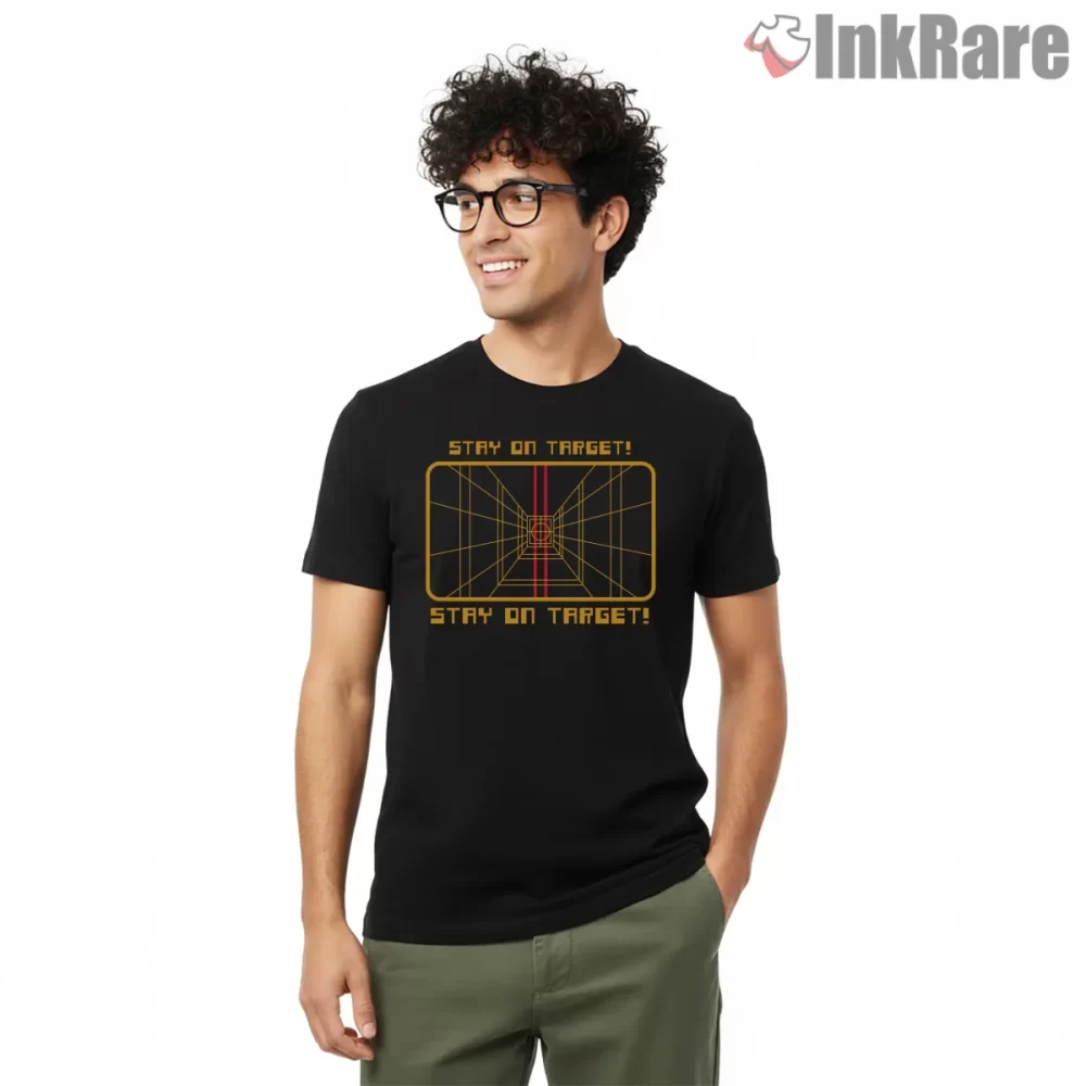 Stay On Target Trench Run Display Shirt on black short sleeve shirt for men graphic tee