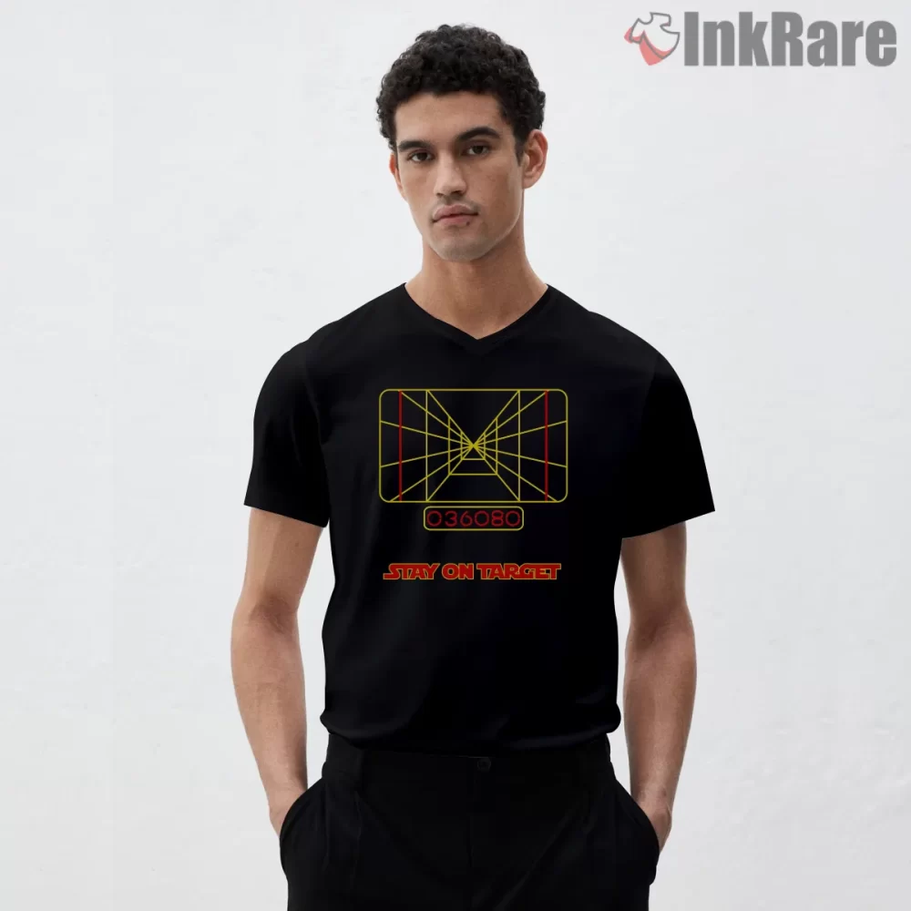 Stay On Target Trench Run Grid Shirt on black v-neck shirt for men graphic tee