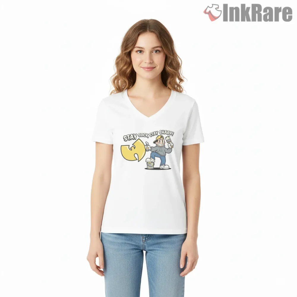 Stay Slick Stay Sharp Street Painter Shirt on white v-neck shirt for women graphic tee