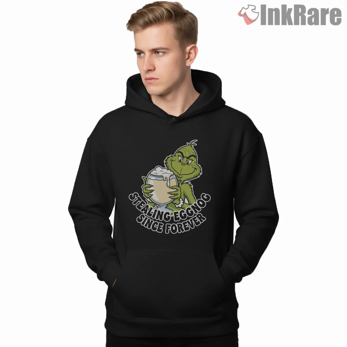 Stealing Eggnog Since Forever Grinch Shirt on black hoodie for men graphic tee