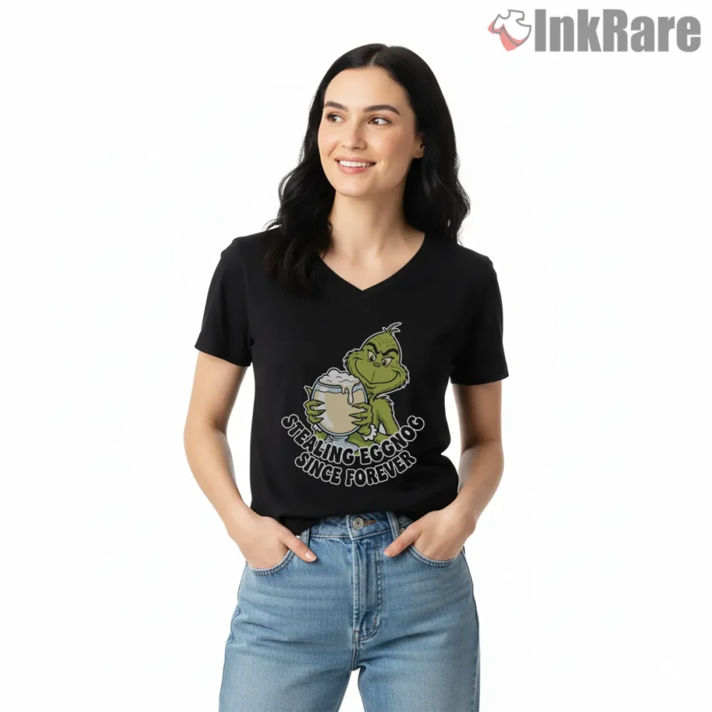 Stealing Eggnog Since Forever Grinch Shirt on black v-neck shirt for women graphic tee