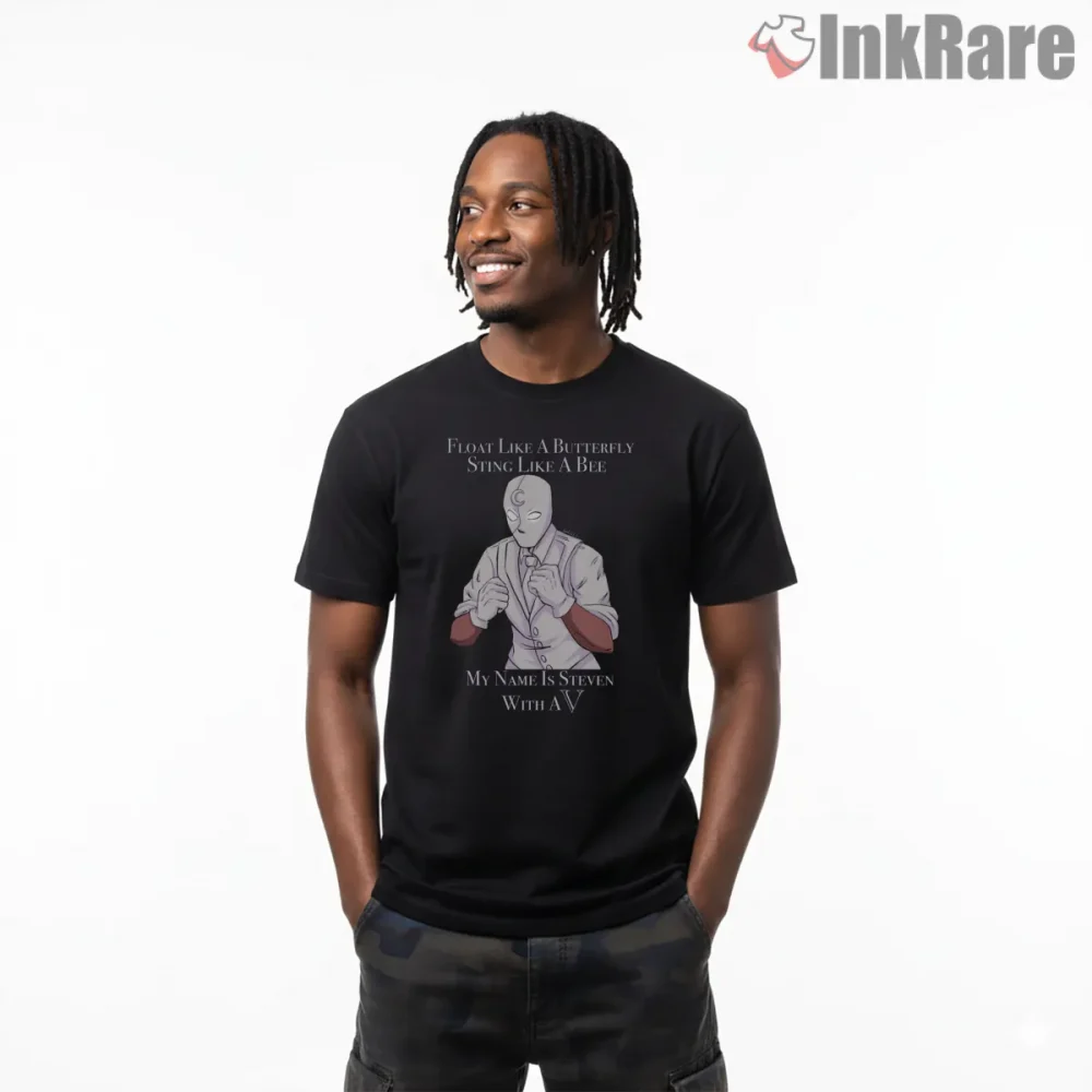 Steven With A V Mr Knight Funny Quote Shirt on black short sleeve shirt for men graphic tee