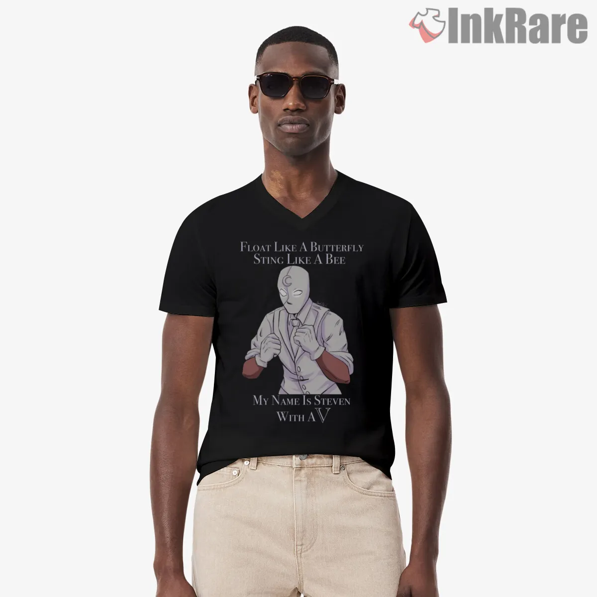 Steven With A V Mr Knight Funny Quote Shirt on black v-neck shirt for men graphic tee