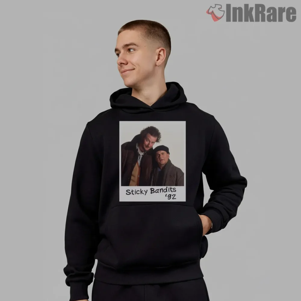 Sticky Bandits Ninety Two Polaroid Shirt on black hoodie for men graphic tee