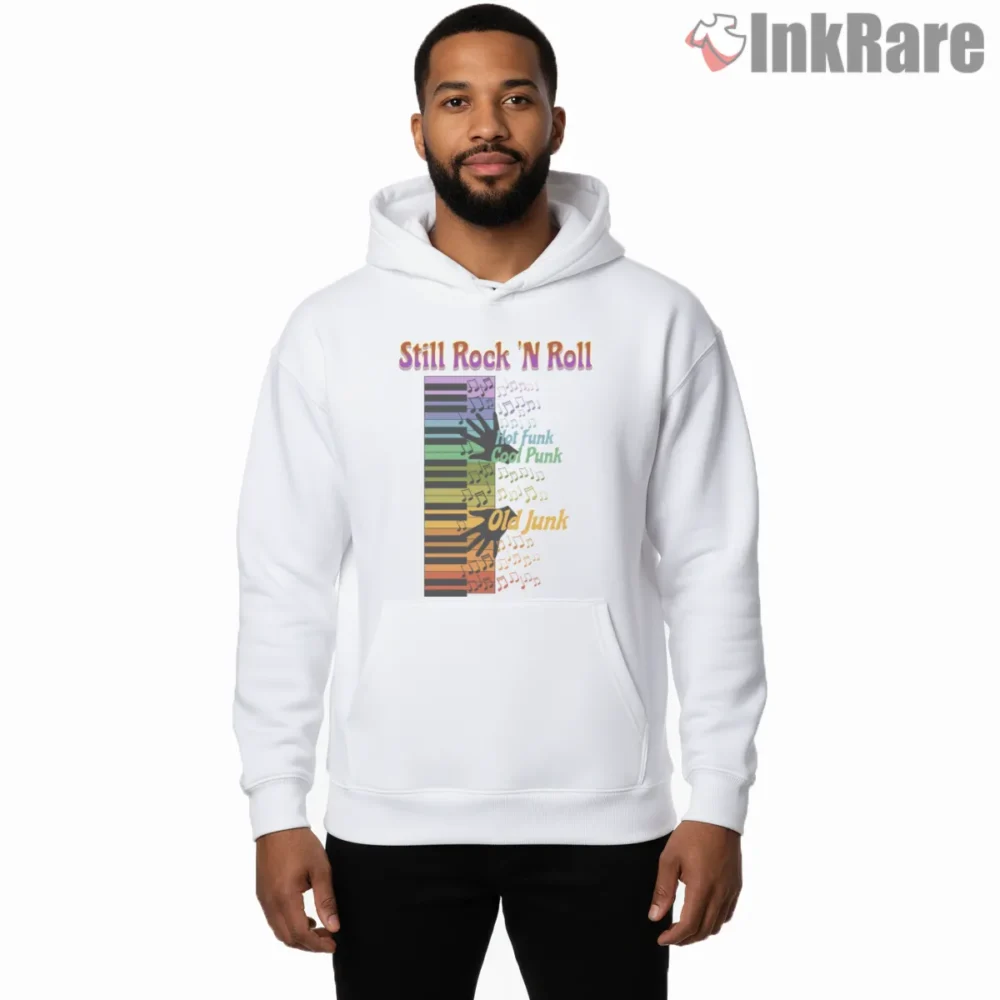Still Rock N Roll Retro Rainbow Music Quote Shirt on white hoodie for men graphic tee