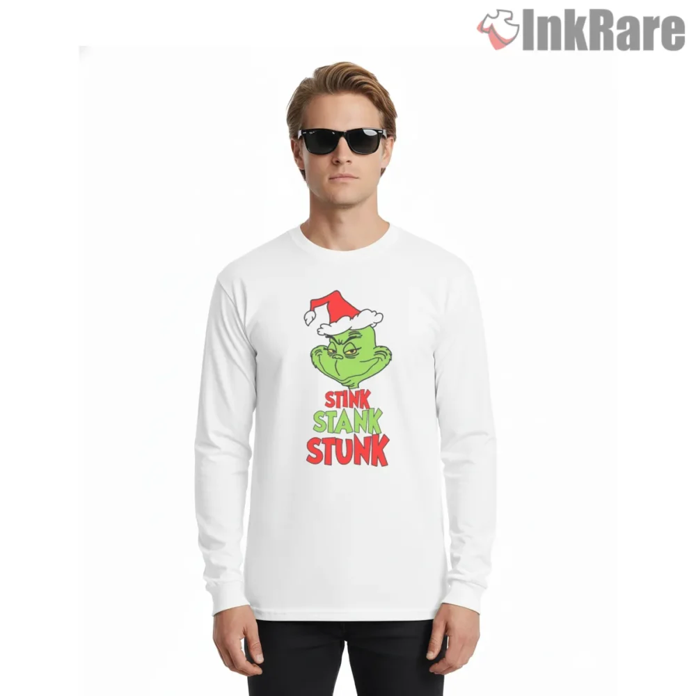 Stink Stank Stunk Funny Grinch Christmas Shirt on white long sleeve shirt for men graphic tee