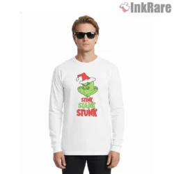 Stink Stank Stunk Funny Grinch Christmas Shirt on white long sleeve shirt for men graphic tee