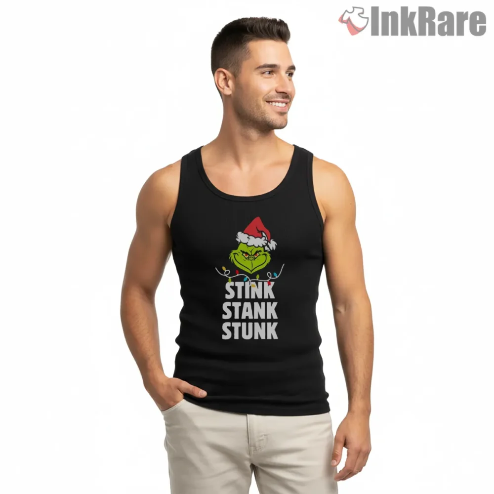 Stink Stank Stunk Grinch Lights Shirt on black tank top for men graphic tee