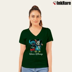 Women’s Stitch And Mickey Mouse Weed Funny Disney V-Neck Tee in forest green | Chic Neckline, Soft Texture