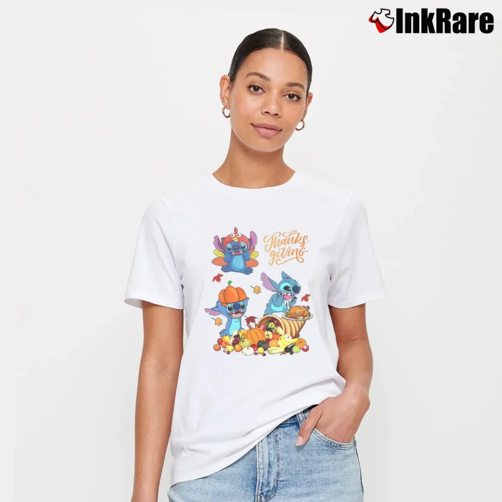 Women’s Stitch Happy Thanksgiving Disney Fall Signature T-Shirt in white | Soft, Flattering Fit