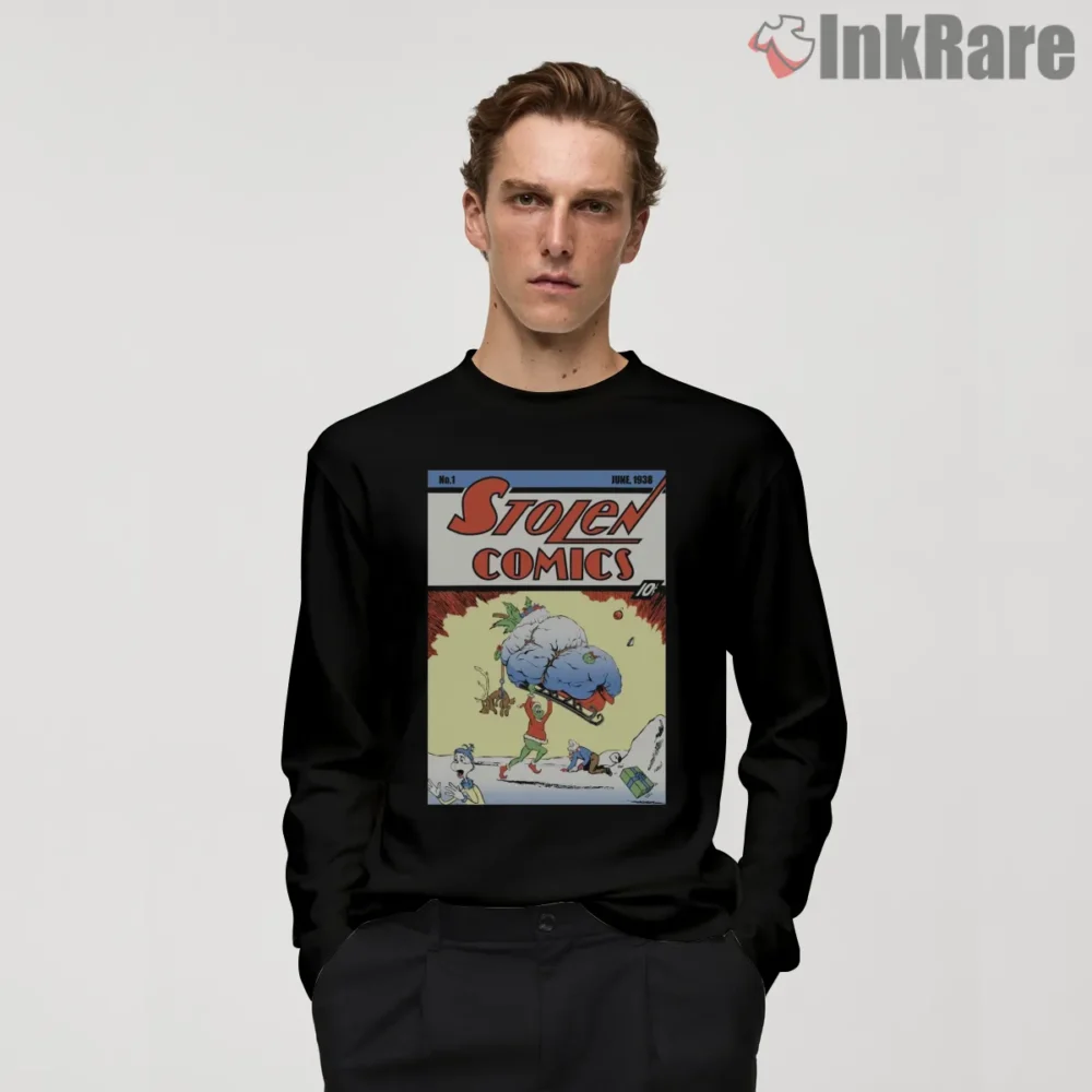 Stolen Comics Retro Grinch Style Holiday Shirt on black long sleeve shirt for men graphic tee
