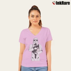 Women’s Stormtrooper Cat Star Wars Parody RE23 V-Neck Tee in light pink | Chic Neckline, Soft Texture