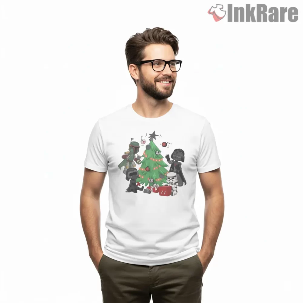 Stormtrooper Holiday Tree Cartoon Shirt on white short sleeve shirt for men graphic tee