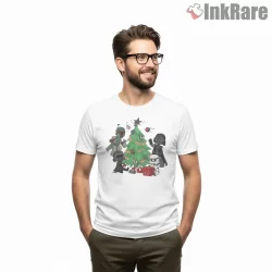 Stormtrooper Holiday Tree Cartoon Shirt on white short sleeve shirt for men graphic tee