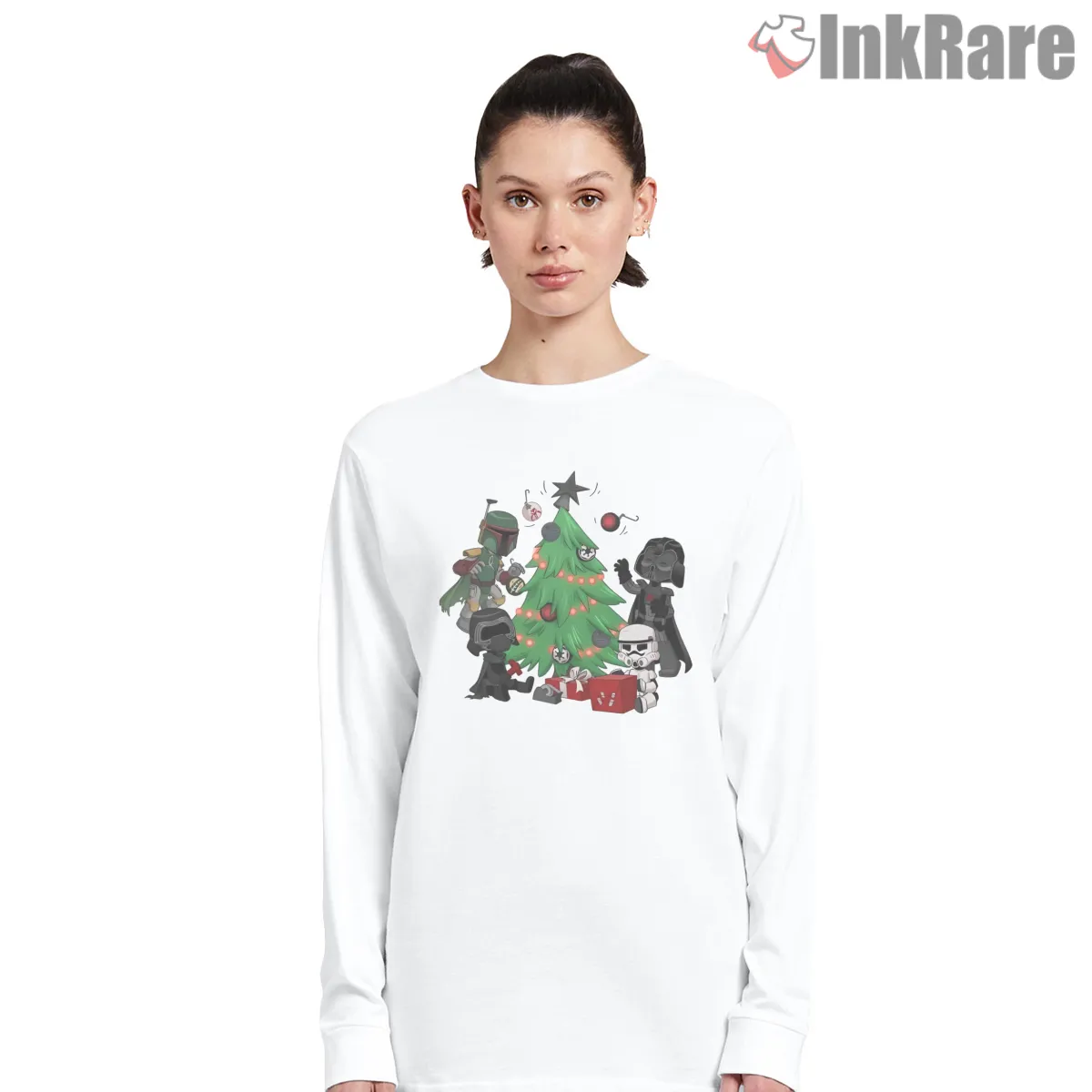 Stormtrooper Holiday Tree Cartoon Long Sleeve White Stormtrooper Holiday Tree Cartoon Shirt on white long sleeve shirt for women graphic tee