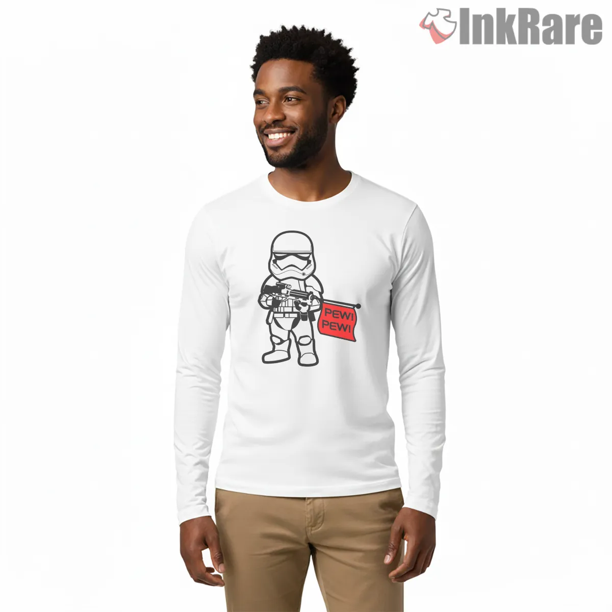 Stormtrooper Pew Pew Humor Shirt on white long sleeve shirt for men graphic tee