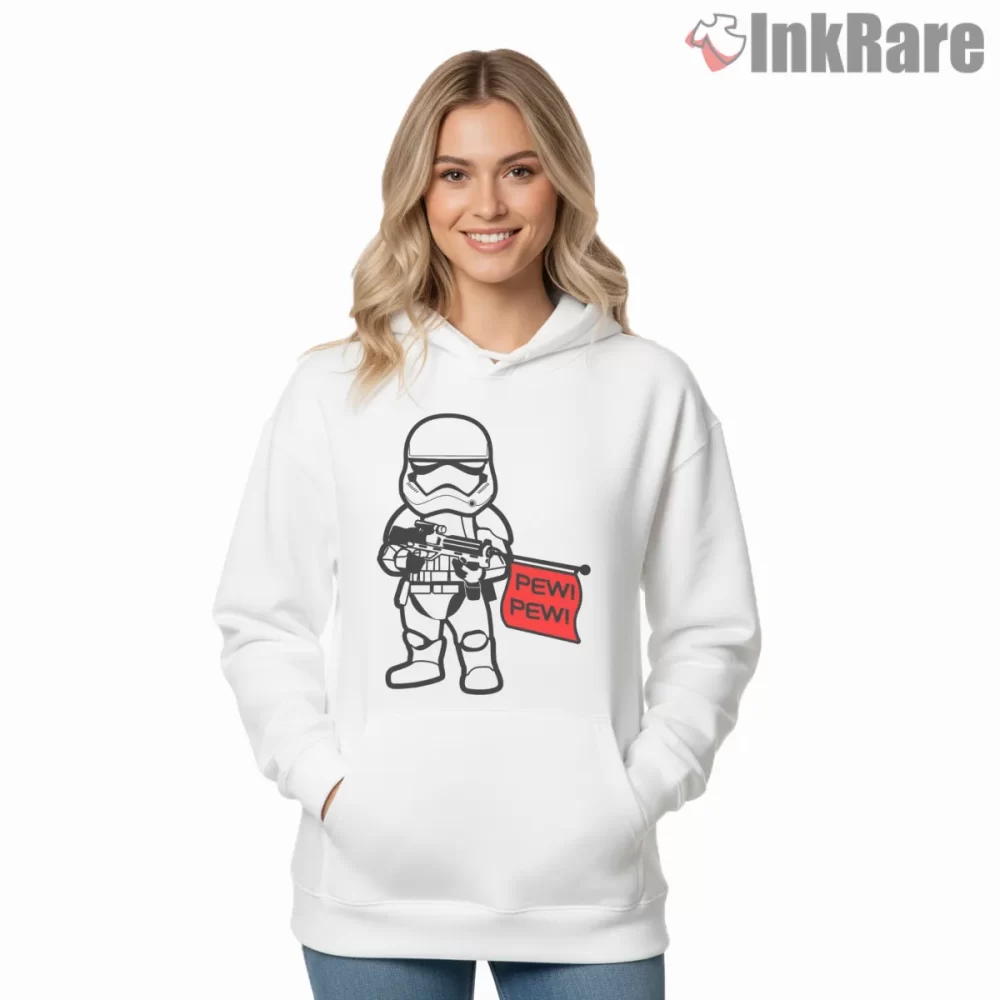 Stormtrooper Pew Pew Humor Shirt on white hoodie for women graphic tee