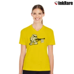 Women’s Stormtrooper Pew Pew Star Wars V-Neck Tee in yellow | Chic Neckline, Soft Texture
